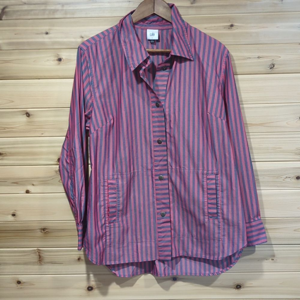 CAbi Womens Top Large Red #6083 Regatta Shacket Gray Striped
